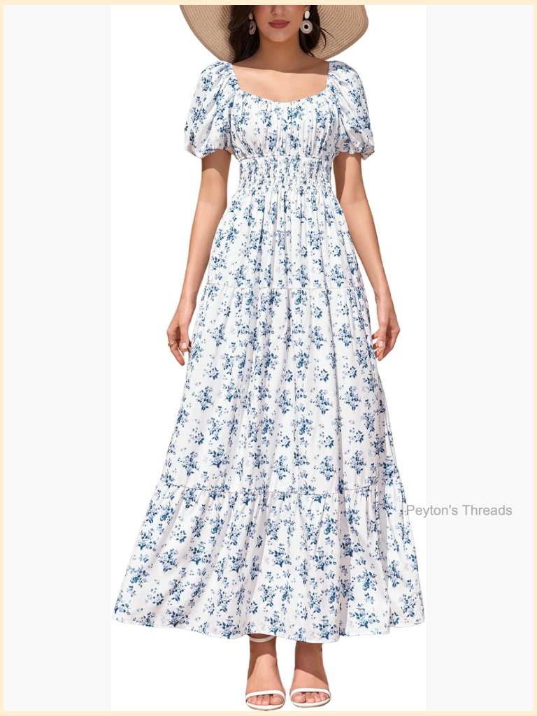 Puff Sleeve Wedding Guest Maxi Dress Flowy A Line Tiered